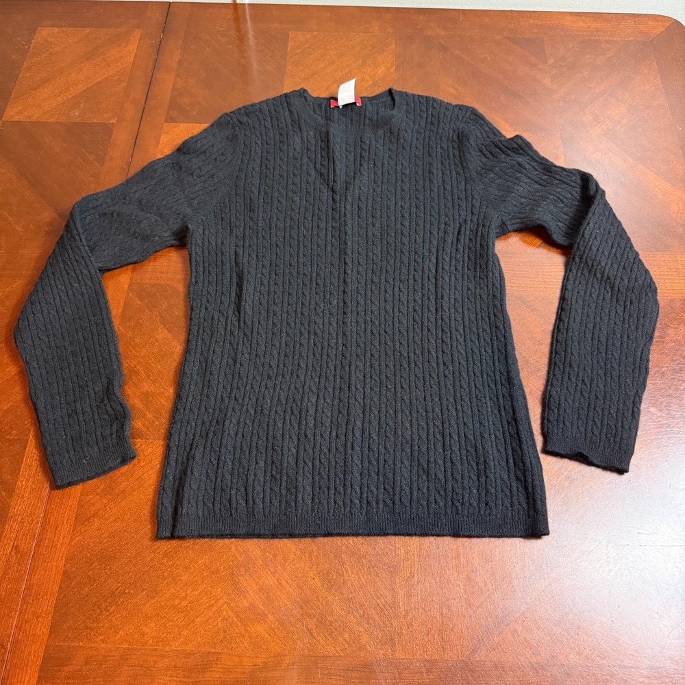 VTG Anne Klein Sport Black 100% Cashmere Cable Knit Crewneck Sweater XL